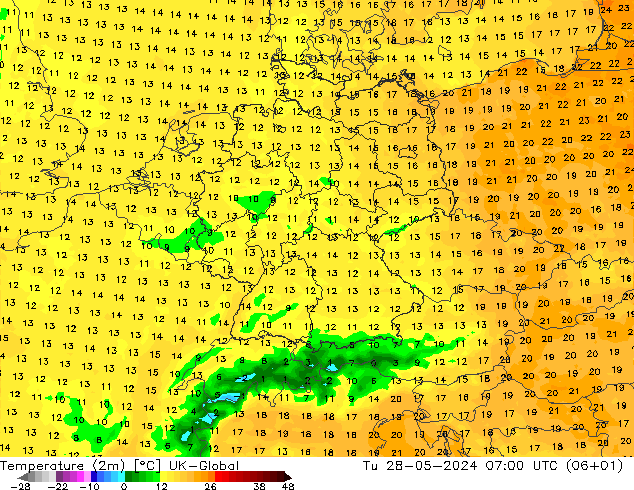 Temperature (2m) UK-Global Tu 28.05.2024 07 UTC