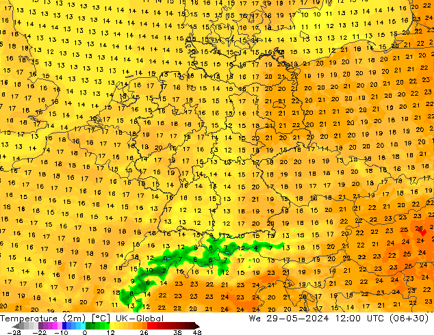 Temperatura (2m) UK-Global mié 29.05.2024 12 UTC