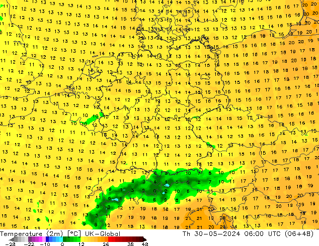 Temperature (2m) UK-Global Th 30.05.2024 06 UTC