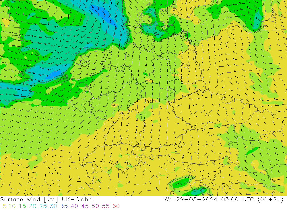 Vento 10 m UK-Global mer 29.05.2024 03 UTC