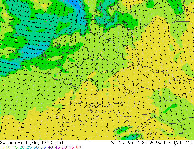 Surface wind UK-Global We 29.05.2024 06 UTC