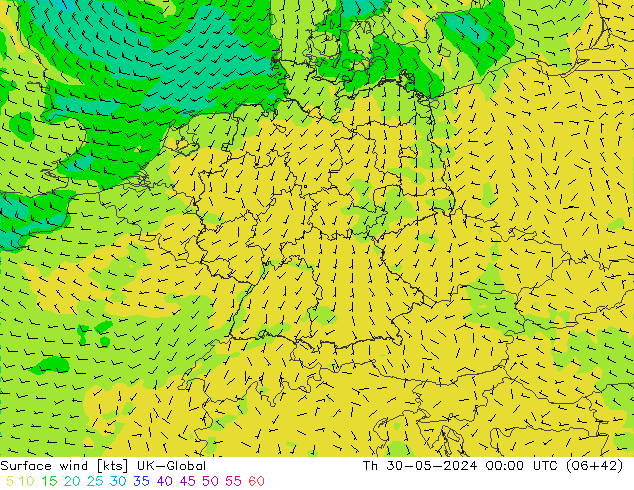 Wind 10 m UK-Global do 30.05.2024 00 UTC