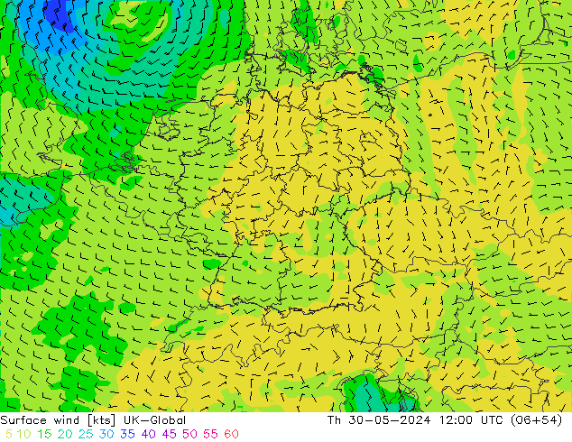 Surface wind UK-Global Th 30.05.2024 12 UTC