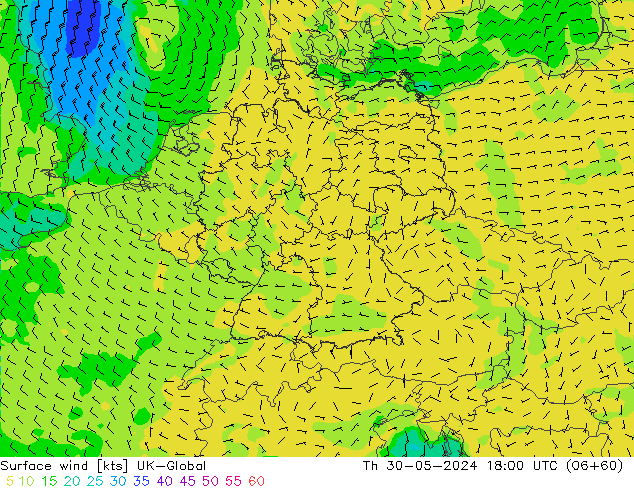 Vento 10 m UK-Global Qui 30.05.2024 18 UTC