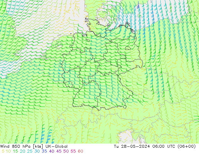 wiatr 850 hPa UK-Global wto. 28.05.2024 06 UTC