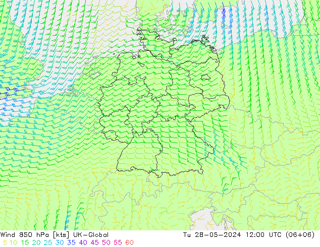 Wind 850 hPa UK-Global Di 28.05.2024 12 UTC