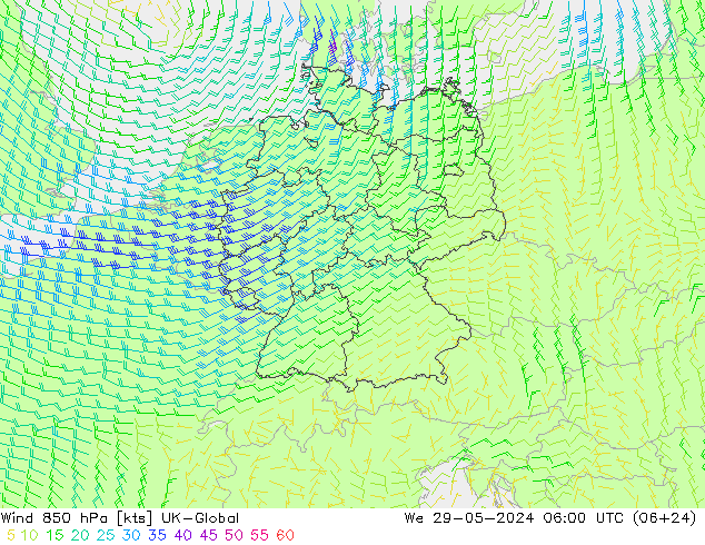 Wind 850 hPa UK-Global Mi 29.05.2024 06 UTC