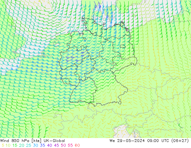 Wind 850 hPa UK-Global St 29.05.2024 09 UTC