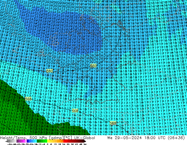 Geop./Temp. 500 hPa UK-Global mié 29.05.2024 18 UTC