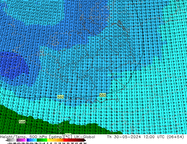 Height/Temp. 500 hPa UK-Global Th 30.05.2024 12 UTC