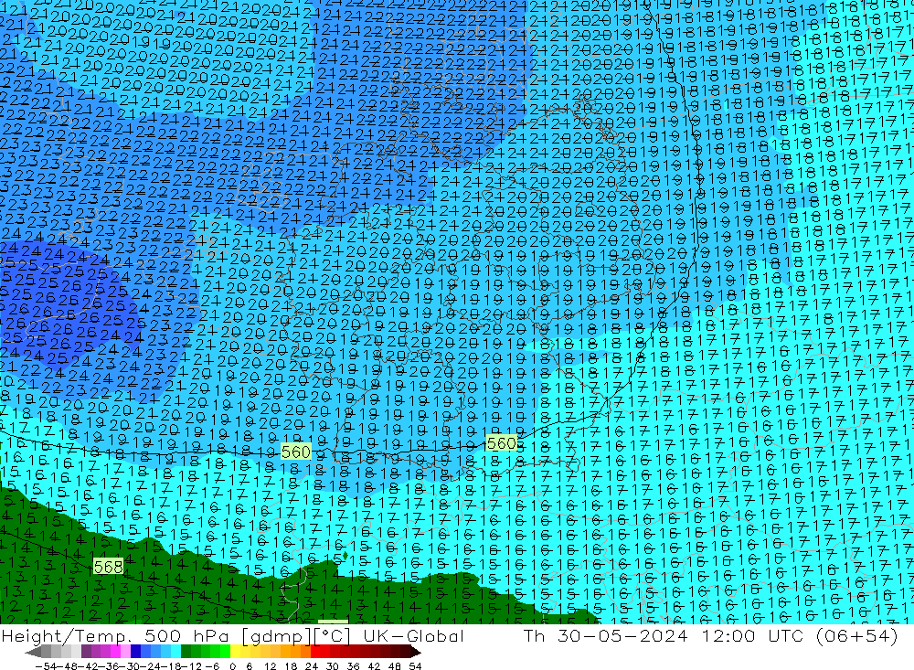 Height/Temp. 500 hPa UK-Global Qui 30.05.2024 12 UTC