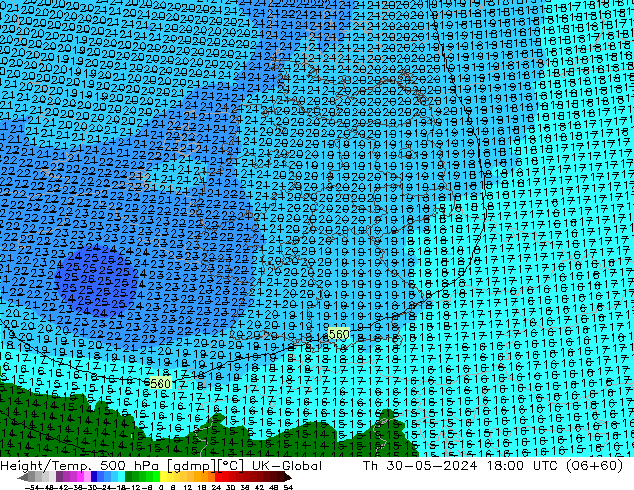 Height/Temp. 500 hPa UK-Global  30.05.2024 18 UTC