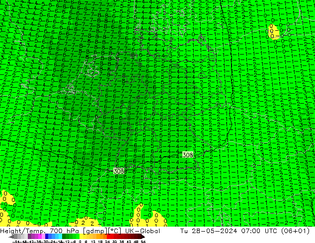 Height/Temp. 700 hPa UK-Global Di 28.05.2024 07 UTC