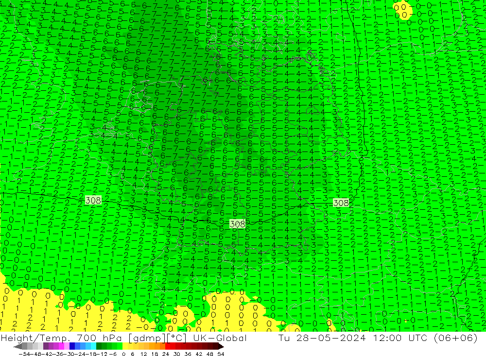 Height/Temp. 700 hPa UK-Global Tu 28.05.2024 12 UTC