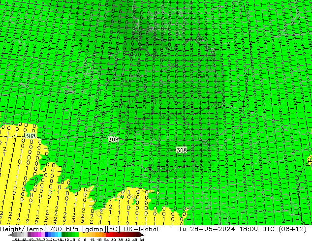 Height/Temp. 700 hPa UK-Global Tu 28.05.2024 18 UTC