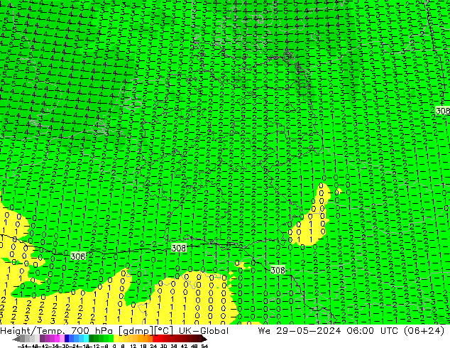 Geop./Temp. 700 hPa UK-Global mié 29.05.2024 06 UTC