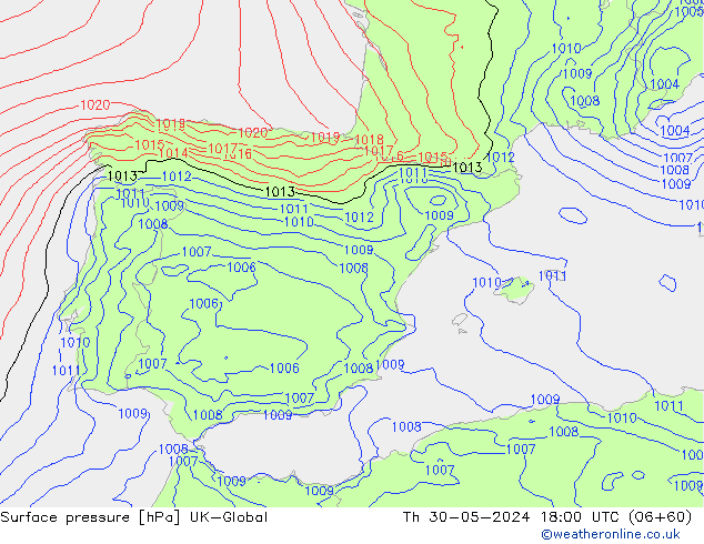 Presión superficial UK-Global jue 30.05.2024 18 UTC