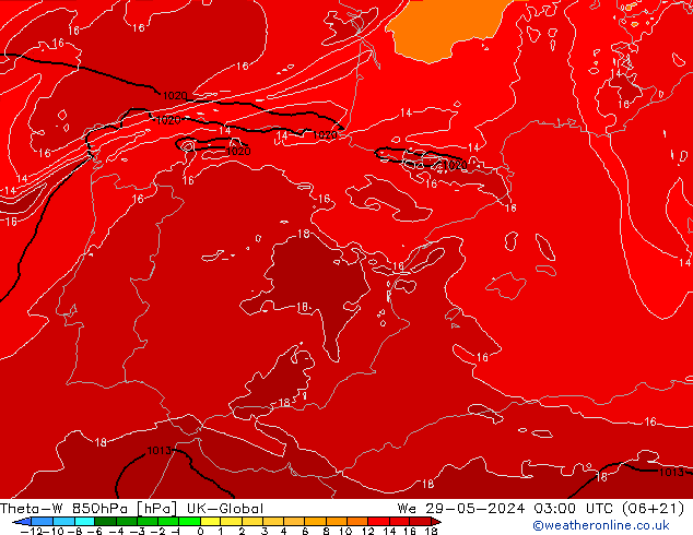 Theta-W 850hPa UK-Global wo 29.05.2024 03 UTC