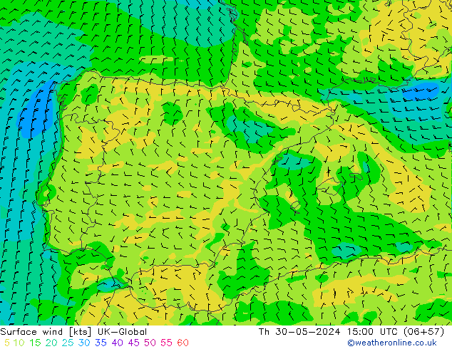 Surface wind UK-Global Th 30.05.2024 15 UTC