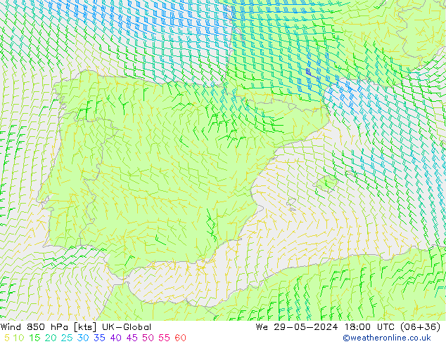 Wind 850 hPa UK-Global We 29.05.2024 18 UTC