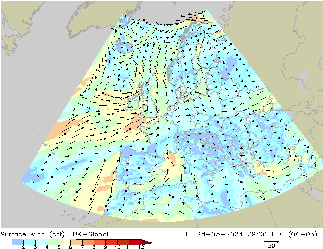 Surface wind (bft) UK-Global Út 28.05.2024 09 UTC