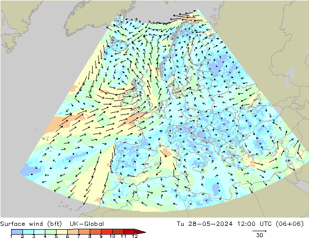 Viento 10 m (bft) UK-Global mar 28.05.2024 12 UTC