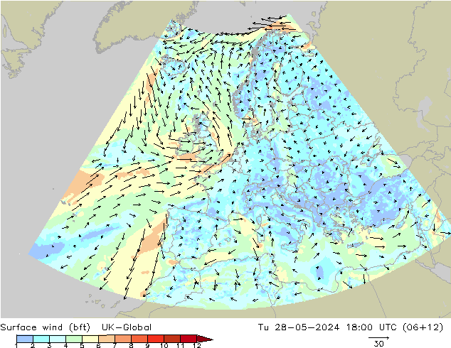 Viento 10 m (bft) UK-Global mar 28.05.2024 18 UTC