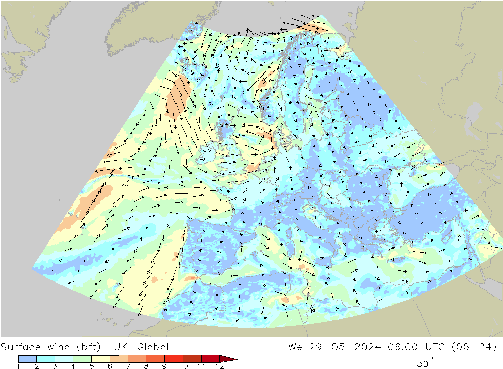 Vento 10 m (bft) UK-Global mer 29.05.2024 06 UTC