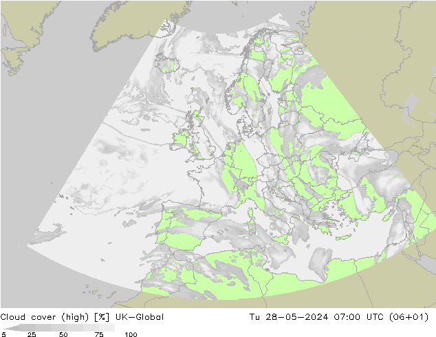 Cloud cover (high) UK-Global Tu 28.05.2024 07 UTC