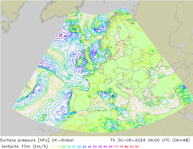 Isotachen (km/h) UK-Global do 30.05.2024 06 UTC