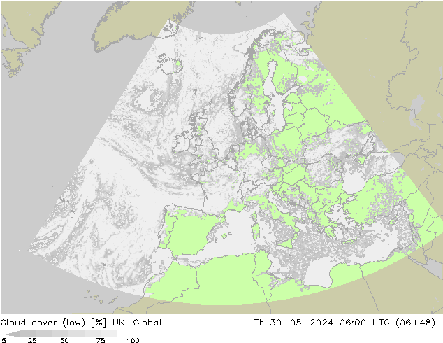 Cloud cover (low) UK-Global Th 30.05.2024 06 UTC