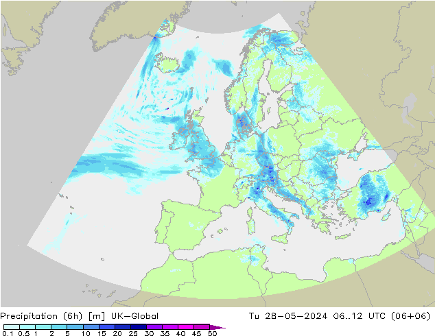 Precipitation (6h) UK-Global Tu 28.05.2024 12 UTC