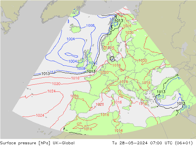 Pressione al suolo UK-Global mar 28.05.2024 07 UTC