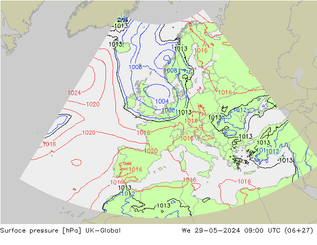 Presión superficial UK-Global mié 29.05.2024 09 UTC