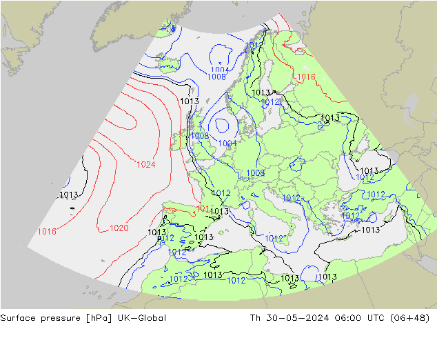 Pressione al suolo UK-Global gio 30.05.2024 06 UTC