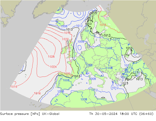 Pressione al suolo UK-Global gio 30.05.2024 18 UTC