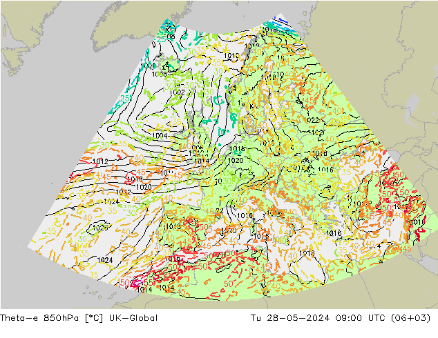 Theta-e 850hPa UK-Global  28.05.2024 09 UTC