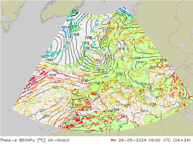 Theta-e 850hPa UK-Global We 29.05.2024 06 UTC