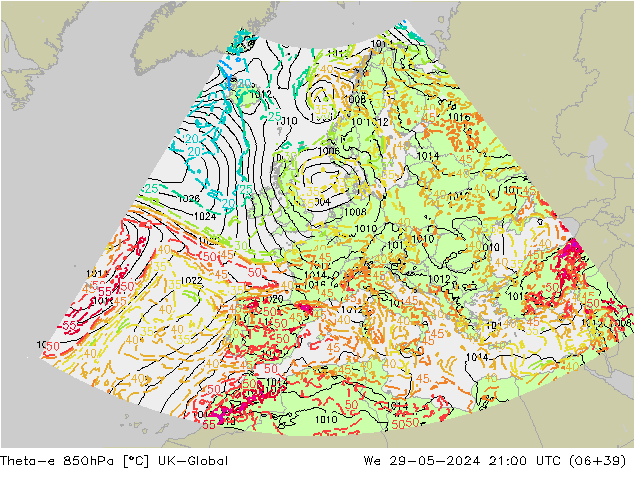 Theta-e 850hPa UK-Global mer 29.05.2024 21 UTC