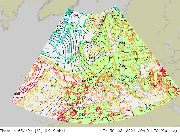 Theta-e 850гПа UK-Global чт 30.05.2024 00 UTC