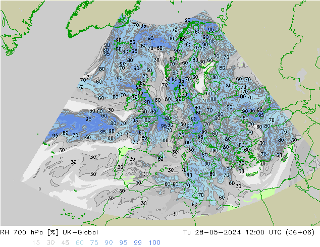 RH 700 hPa UK-Global Di 28.05.2024 12 UTC