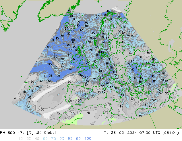 RH 850 hPa UK-Global Tu 28.05.2024 07 UTC