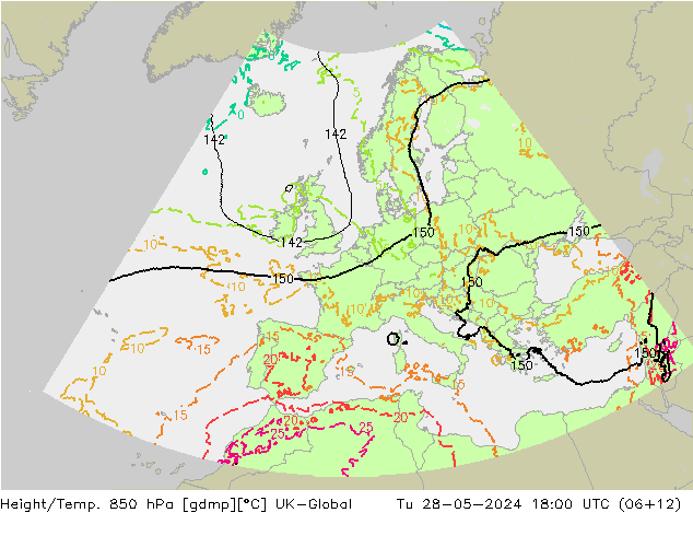 Height/Temp. 850 гПа UK-Global вт 28.05.2024 18 UTC