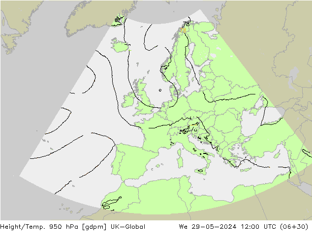 Height/Temp. 950 hPa UK-Global We 29.05.2024 12 UTC