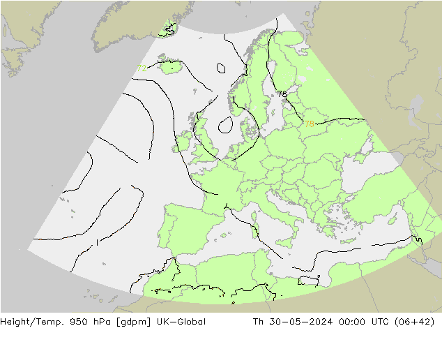 Height/Temp. 950 hPa UK-Global Th 30.05.2024 00 UTC