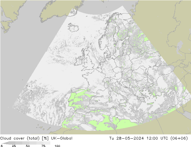 Cloud cover (total) UK-Global Út 28.05.2024 12 UTC