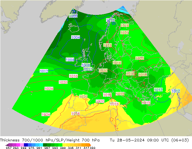 Schichtdicke 700-1000 hPa UK-Global Di 28.05.2024 09 UTC