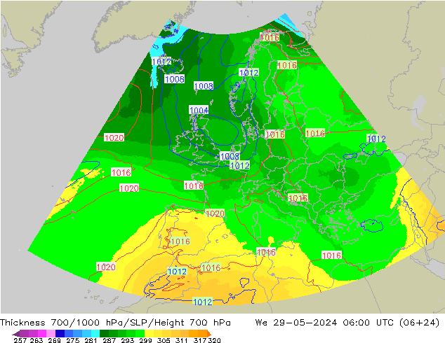 Thck 700-1000 hPa UK-Global Qua 29.05.2024 06 UTC