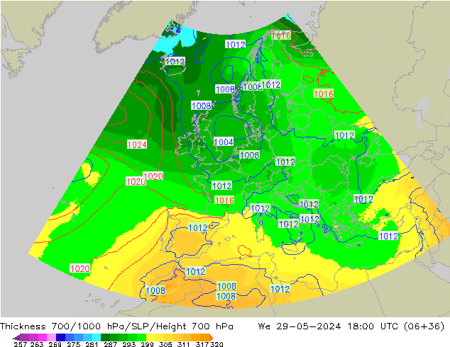 Thck 700-1000 hPa UK-Global We 29.05.2024 18 UTC
