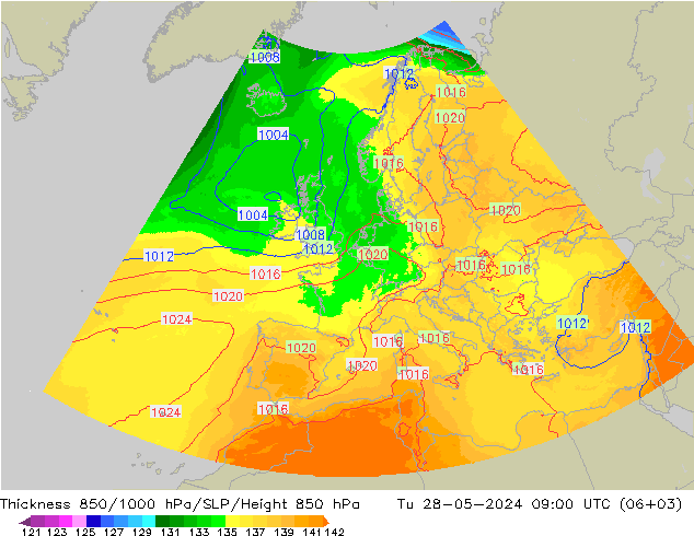 Thck 850-1000 гПа UK-Global вт 28.05.2024 09 UTC